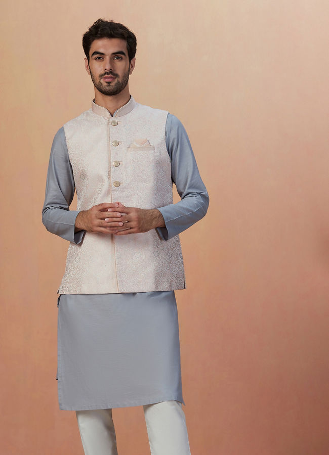 alt message - Manyavar Men Off White Self Design Jacket image number 1